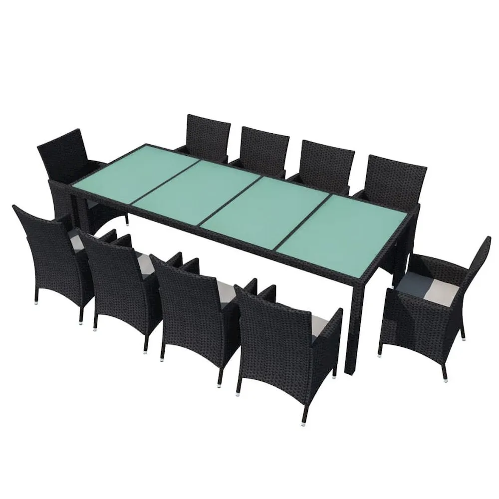 11 Piece Outdoor Dining Set with Cushions Poly Rattan Black, 42570