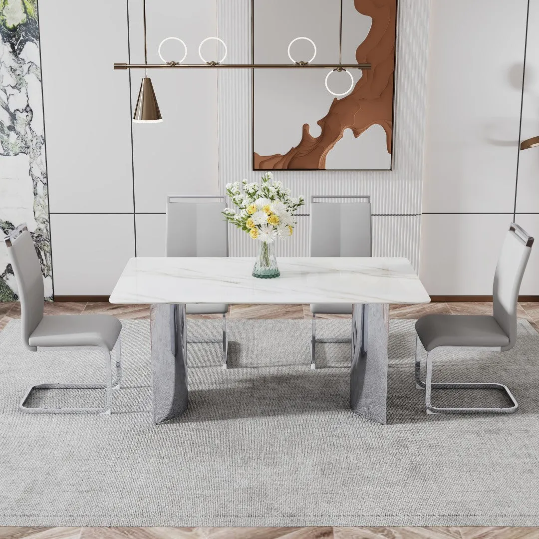 63" Faux Marble Dining Set: Table   4 Leatherette Chairs - Elegant & Versatile
