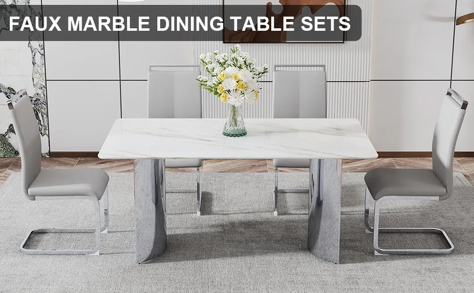 63" Faux Marble Dining Set: Table   4 Leatherette Chairs - Elegant & Versatile