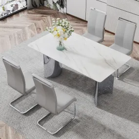 63" Faux Marble Dining Set: Table   4 Leatherette Chairs - Elegant & Versatile