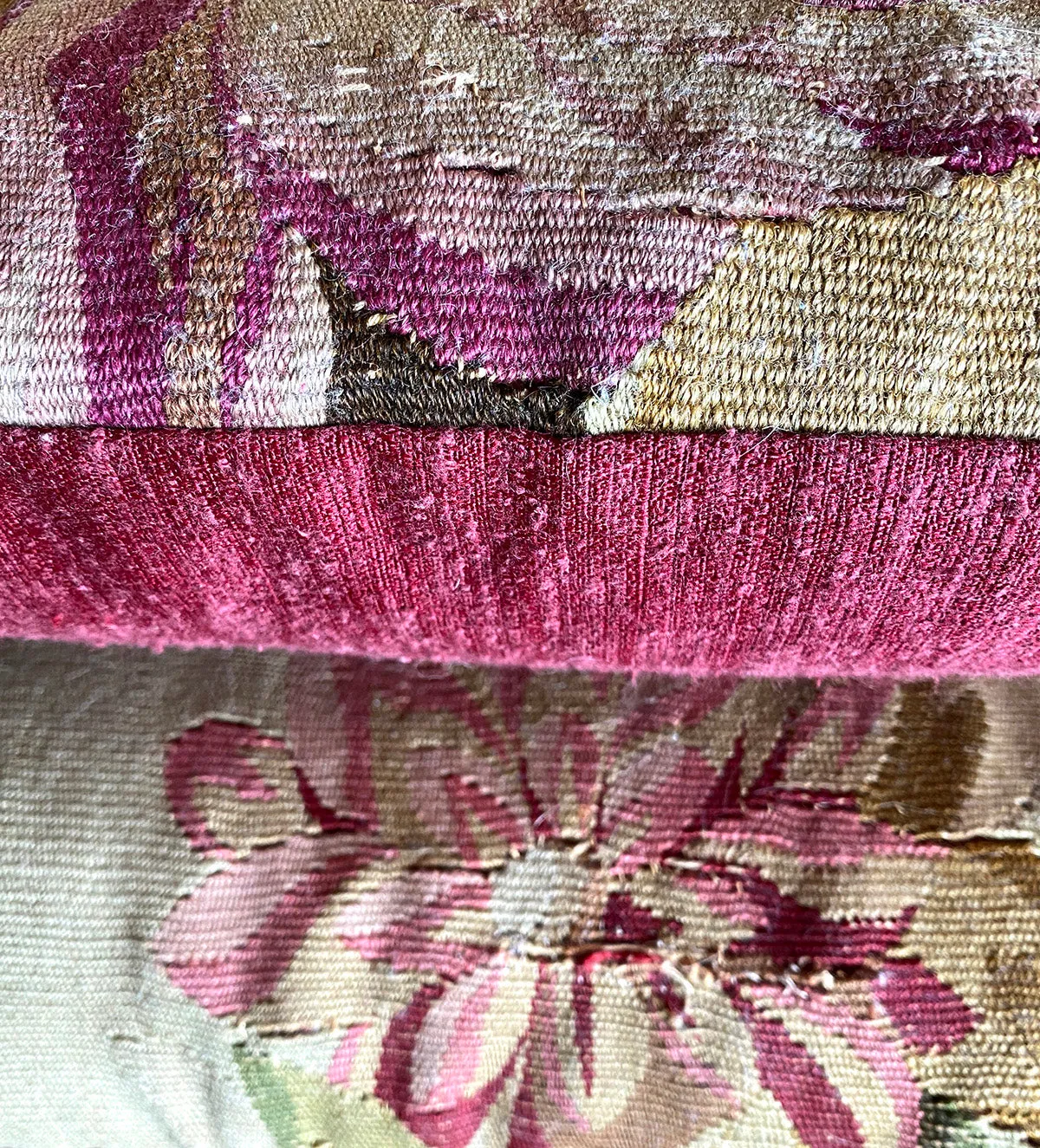 Antique 18th Century French Aubusson Tapestry Fragment & Passementerie Throw Pillow Pair