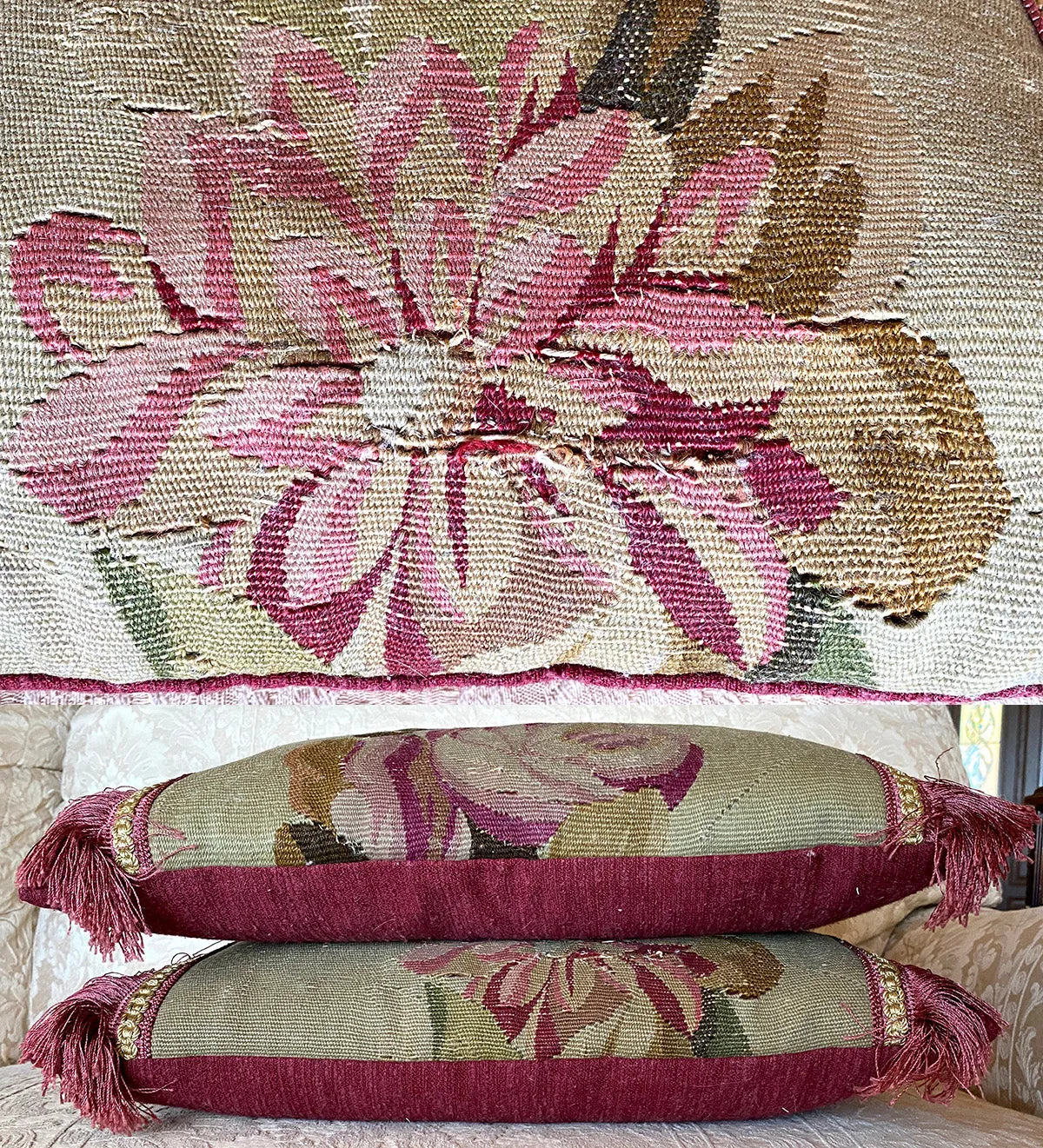 Antique 18th Century French Aubusson Tapestry Fragment & Passementerie Throw Pillow Pair