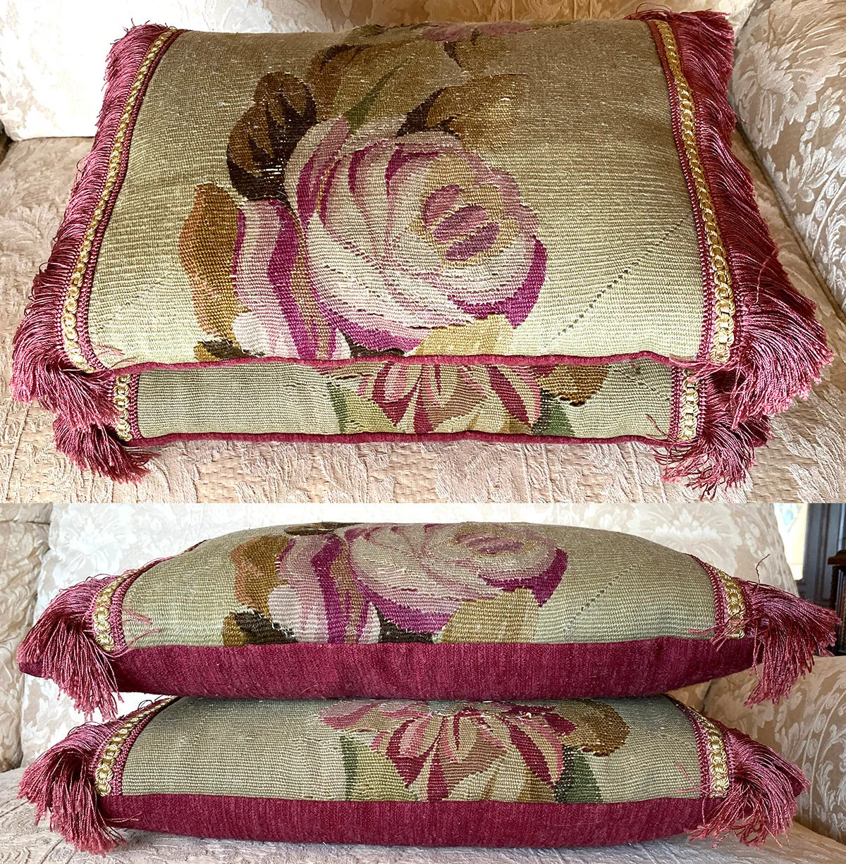 Antique 18th Century French Aubusson Tapestry Fragment & Passementerie Throw Pillow Pair