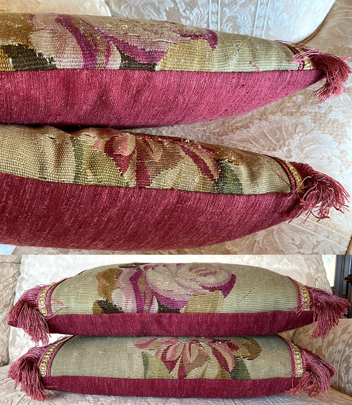 Antique 18th Century French Aubusson Tapestry Fragment & Passementerie Throw Pillow Pair