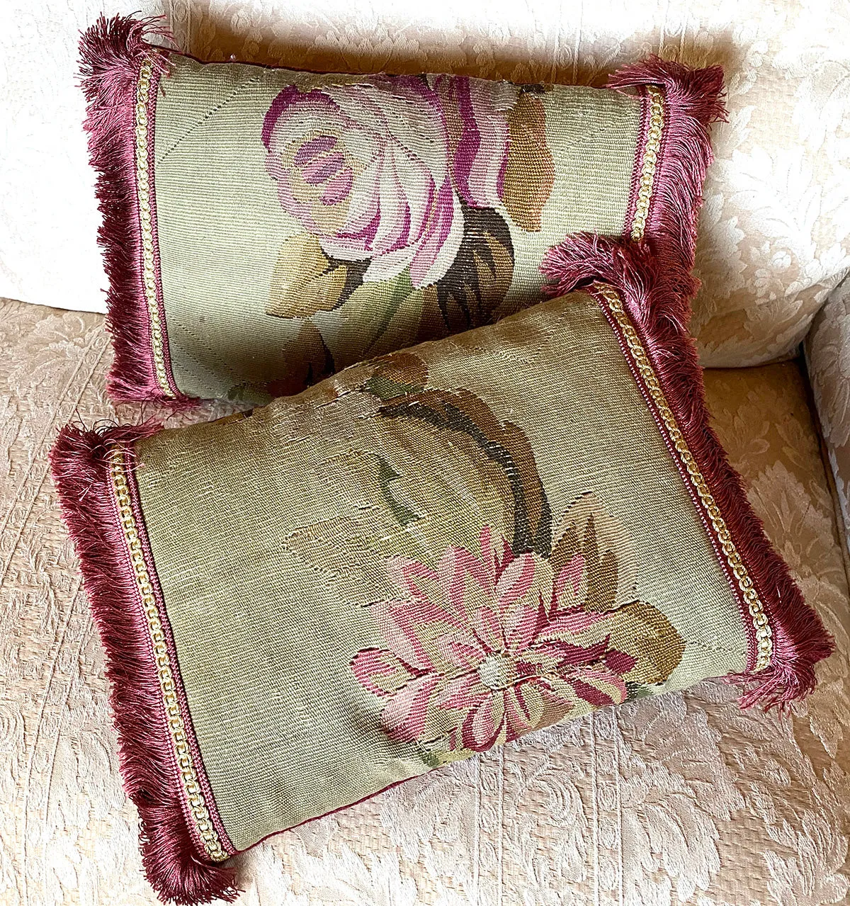 Antique 18th Century French Aubusson Tapestry Fragment & Passementerie Throw Pillow Pair