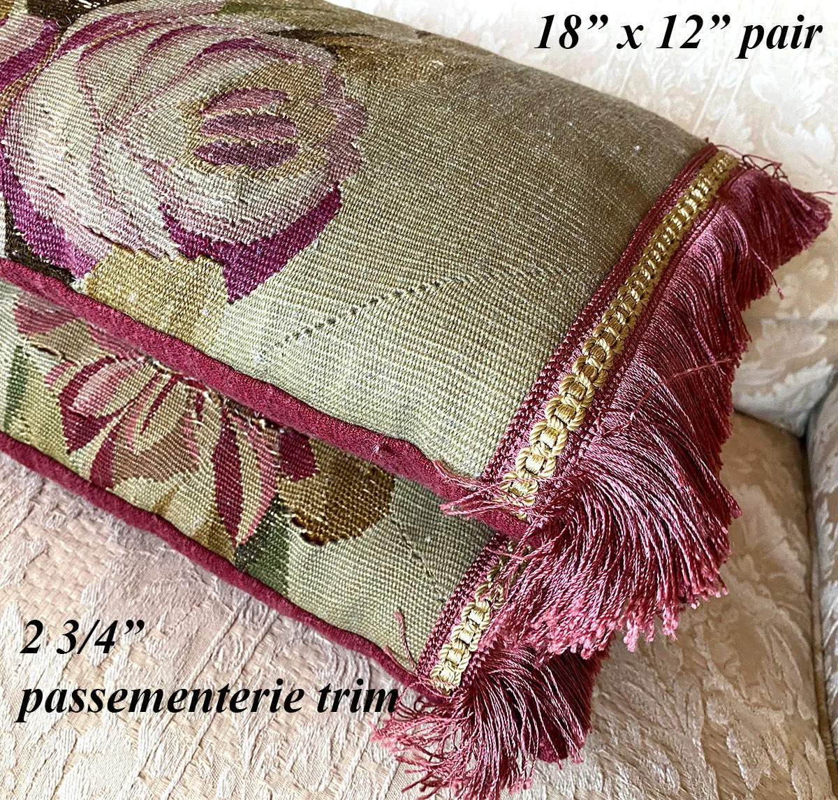 Antique 18th Century French Aubusson Tapestry Fragment & Passementerie Throw Pillow Pair