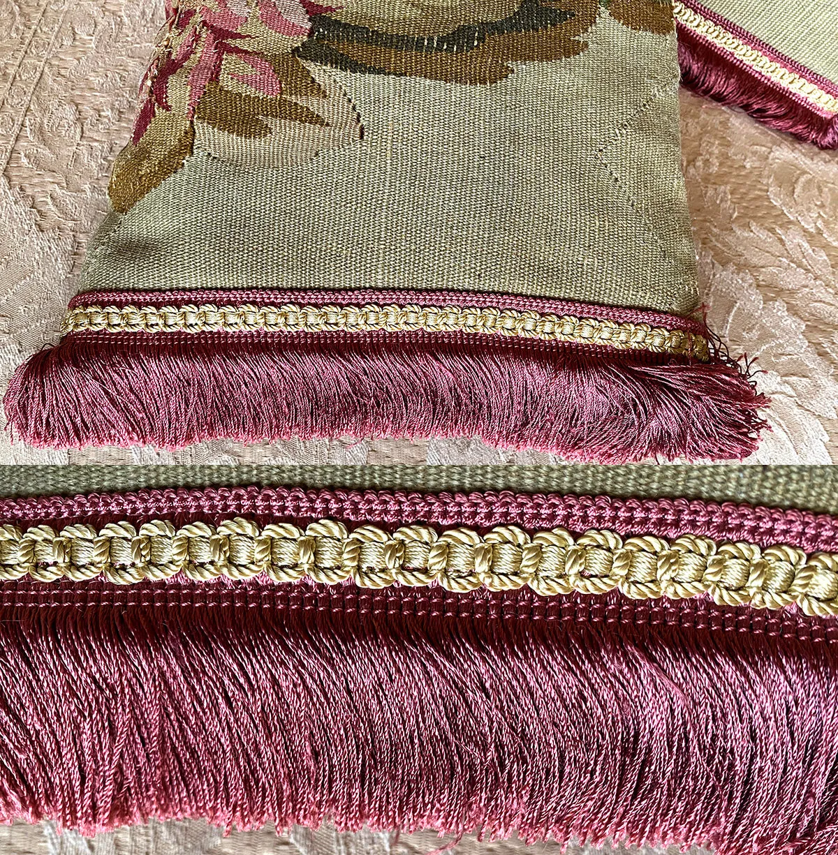 Antique 18th Century French Aubusson Tapestry Fragment & Passementerie Throw Pillow Pair