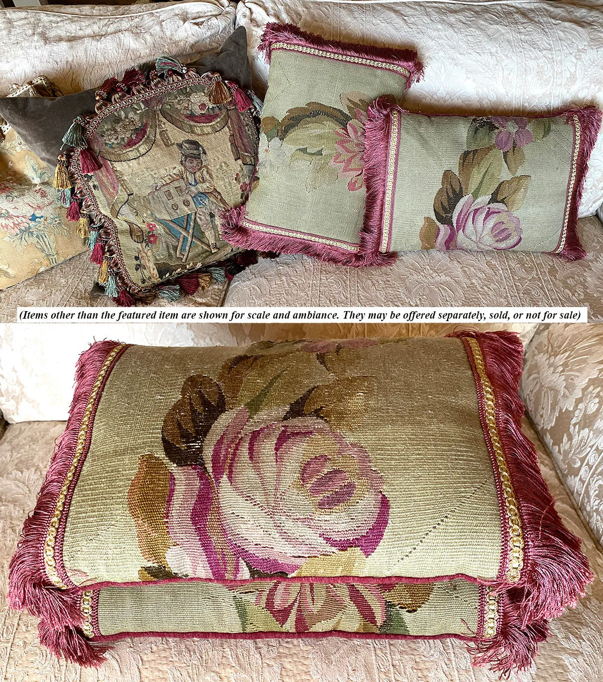 Antique 18th Century French Aubusson Tapestry Fragment & Passementerie Throw Pillow Pair