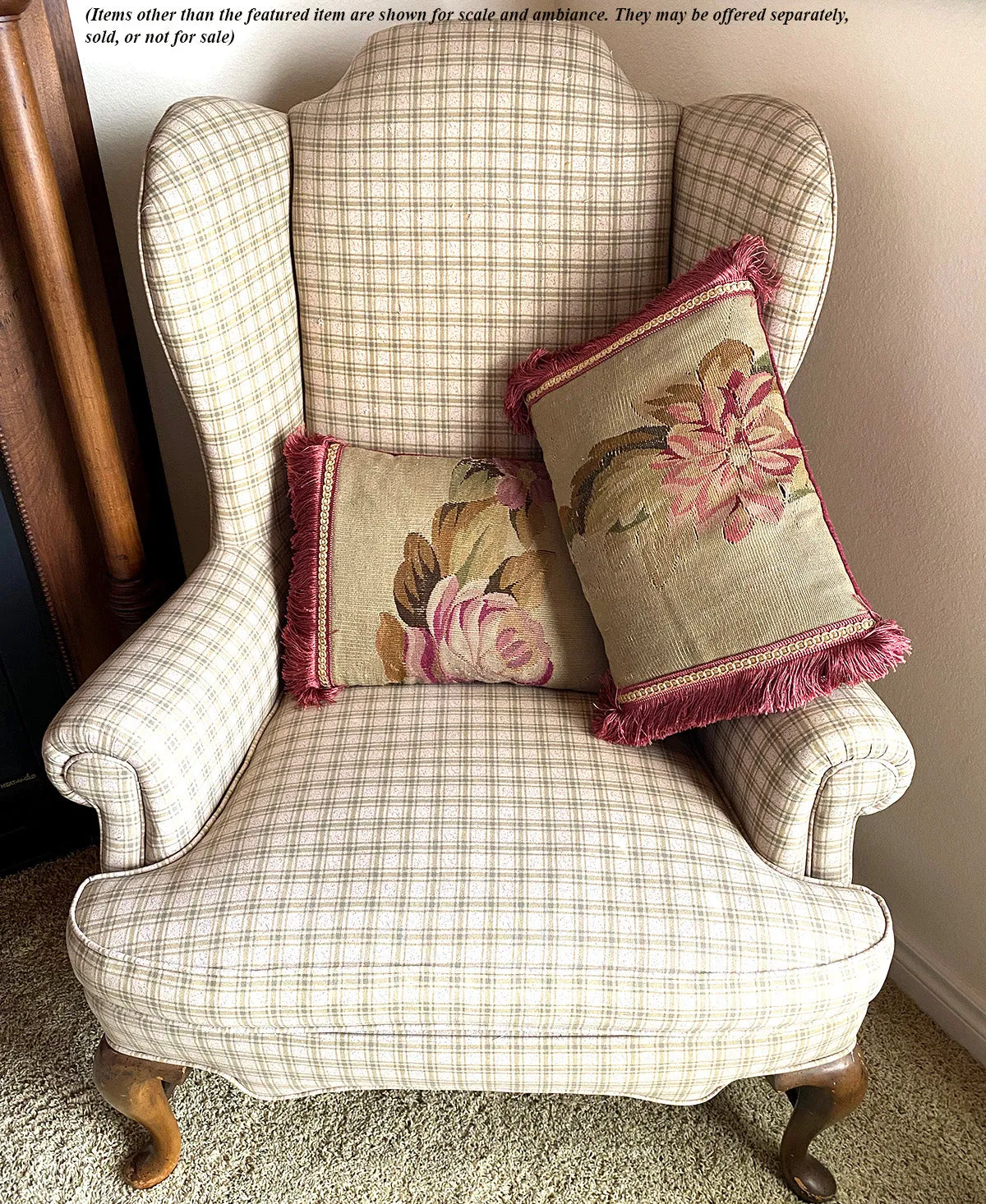 Antique 18th Century French Aubusson Tapestry Fragment & Passementerie Throw Pillow Pair