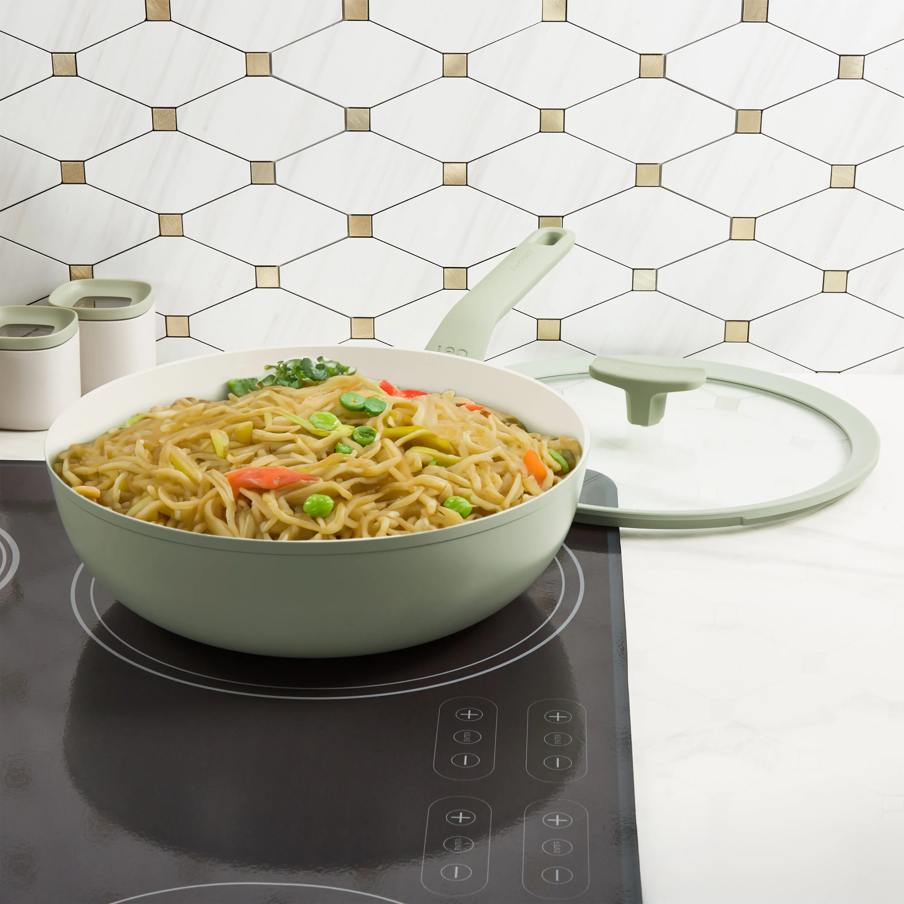 BergHOFF Balance Nonstick Ceramic Wok Pan 11", 4.4qt. With Glass Lid, Recycled Aluminum, Sage