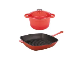 BergHOFF Neo 3pc Cast Iron Cookware Set, Grill Pan & Round Dutch Oven, Orange