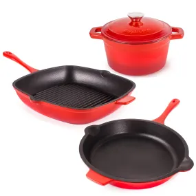 BergHOFF Neo 4pc Cast Iron Cookware Set, Fry Pan, Grill Pan & Round Dutch Oven, Red