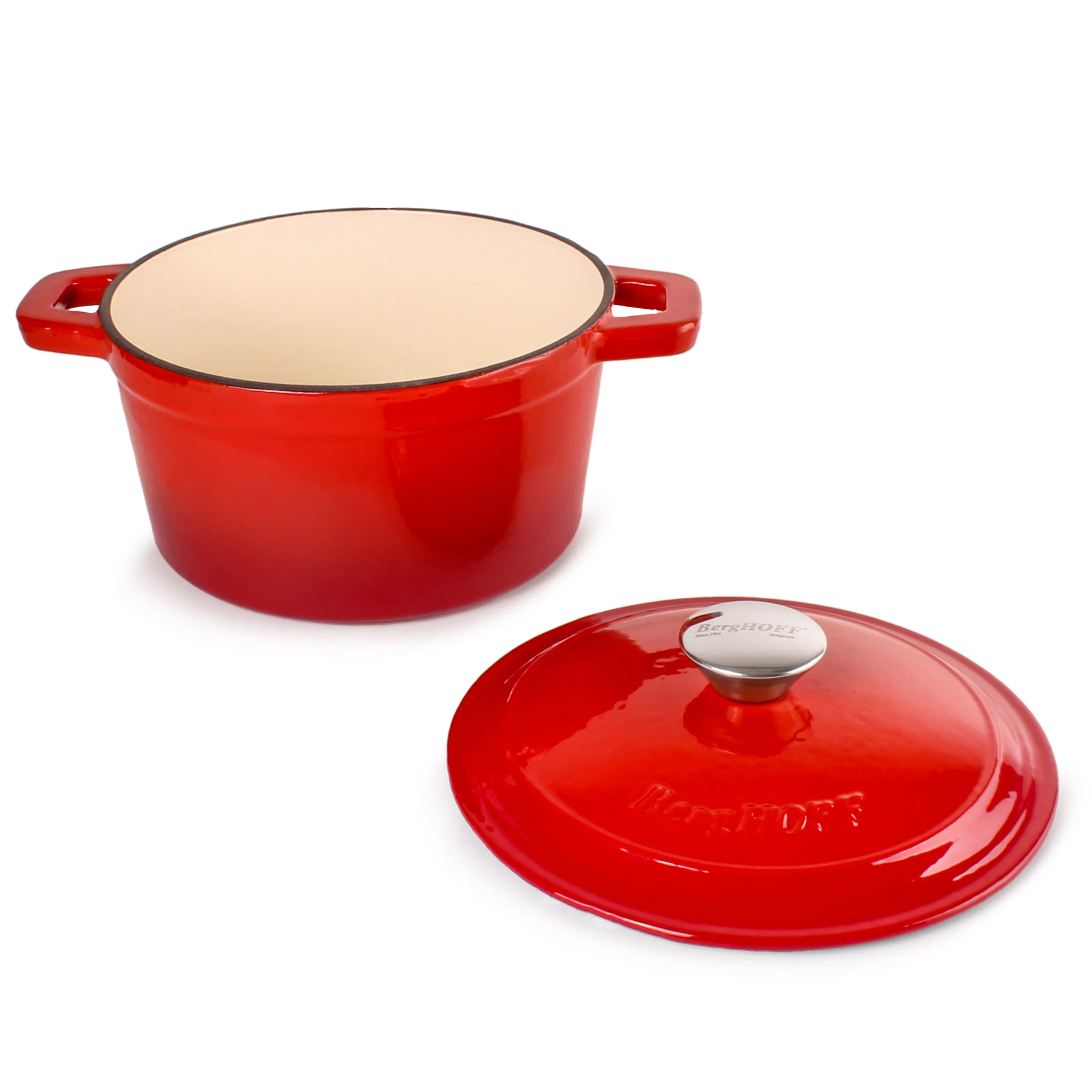 BergHOFF Neo 4pc Cast Iron Cookware Set, Fry Pan, Grill Pan & Round Dutch Oven, Red
