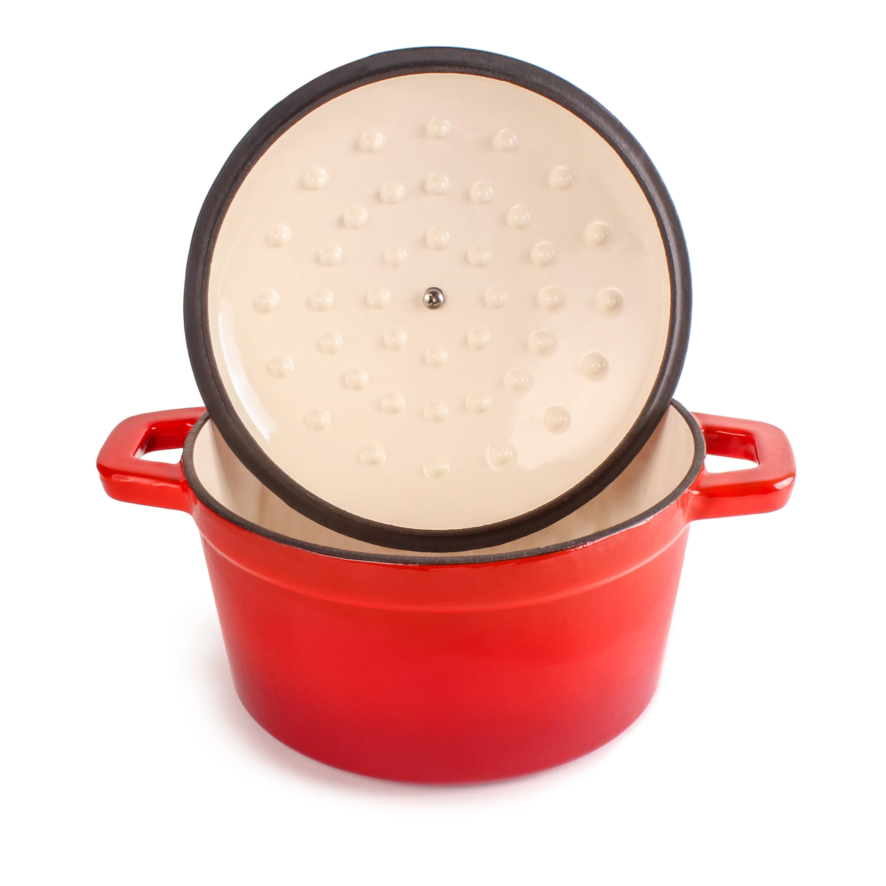 BergHOFF Neo 4pc Cast Iron Cookware Set, Fry Pan, Grill Pan & Round Dutch Oven, Red