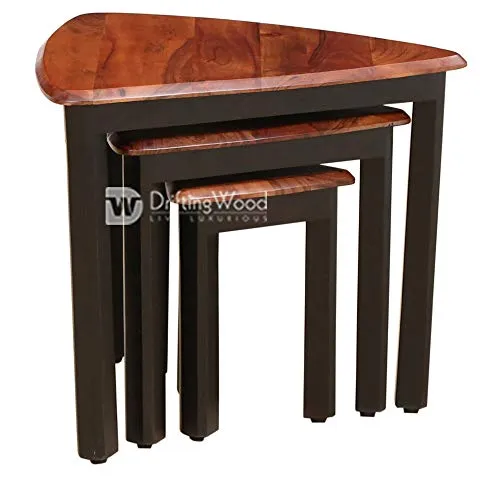 DriftingWood Wooden Nesting Table for Living Room | Set of 3 Stools for Decor | Sheesham Wood, Honey Finish
