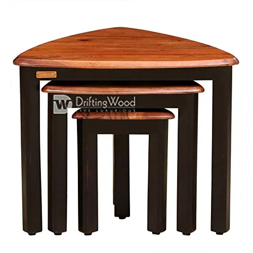 DriftingWood Wooden Nesting Table for Living Room | Set of 3 Stools for Decor | Sheesham Wood, Honey Finish
