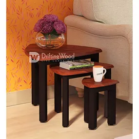 DriftingWood Wooden Nesting Table for Living Room | Set of 3 Stools for Decor | Sheesham Wood, Honey Finish