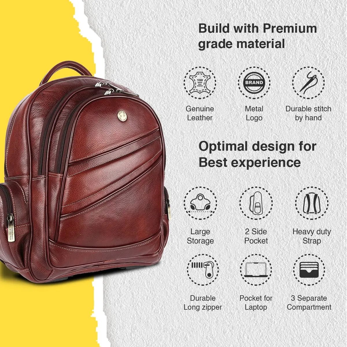 Genuine Leather Laptop Backpack with Multiple Compartments - Fits up to 16 Inch Laptop/MacBook