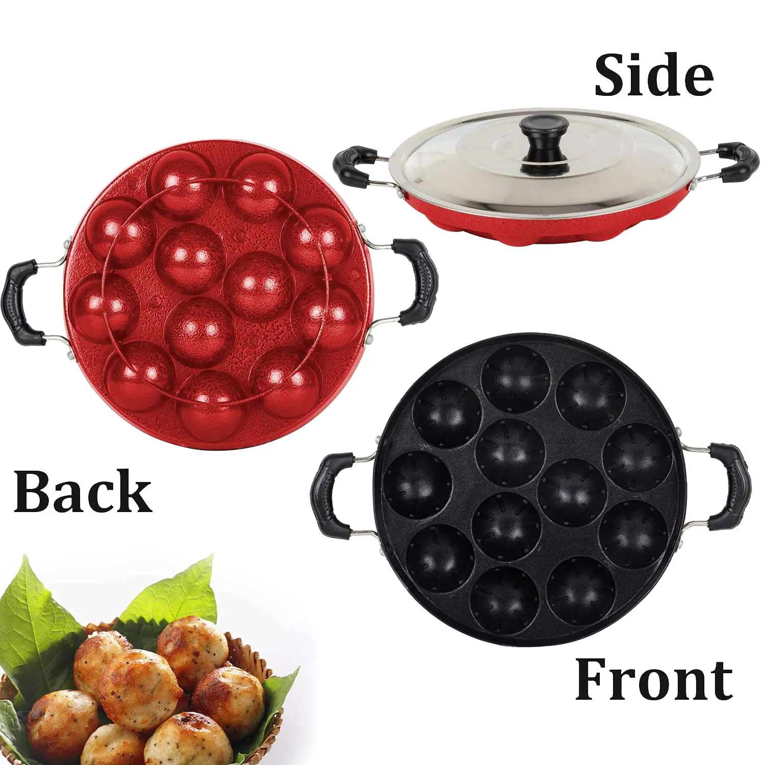 Heart Home NonStick Appam Pan with Stainless Steel Lid & Wooden Picker (Maroon)-HS40HEARTH23995