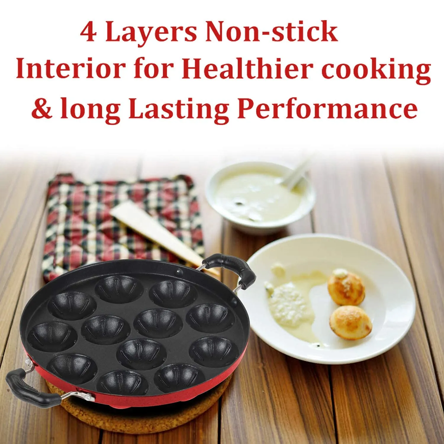 Heart Home NonStick Appam Pan with Stainless Steel Lid & Wooden Picker (Maroon)-HS40HEARTH23995
