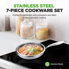 Kitchenware Pots & Pans Set - Triply Stainless Steel Cookware, Dakin Etching Non-Stick Coating Inside And Outside (7-Piece Set)