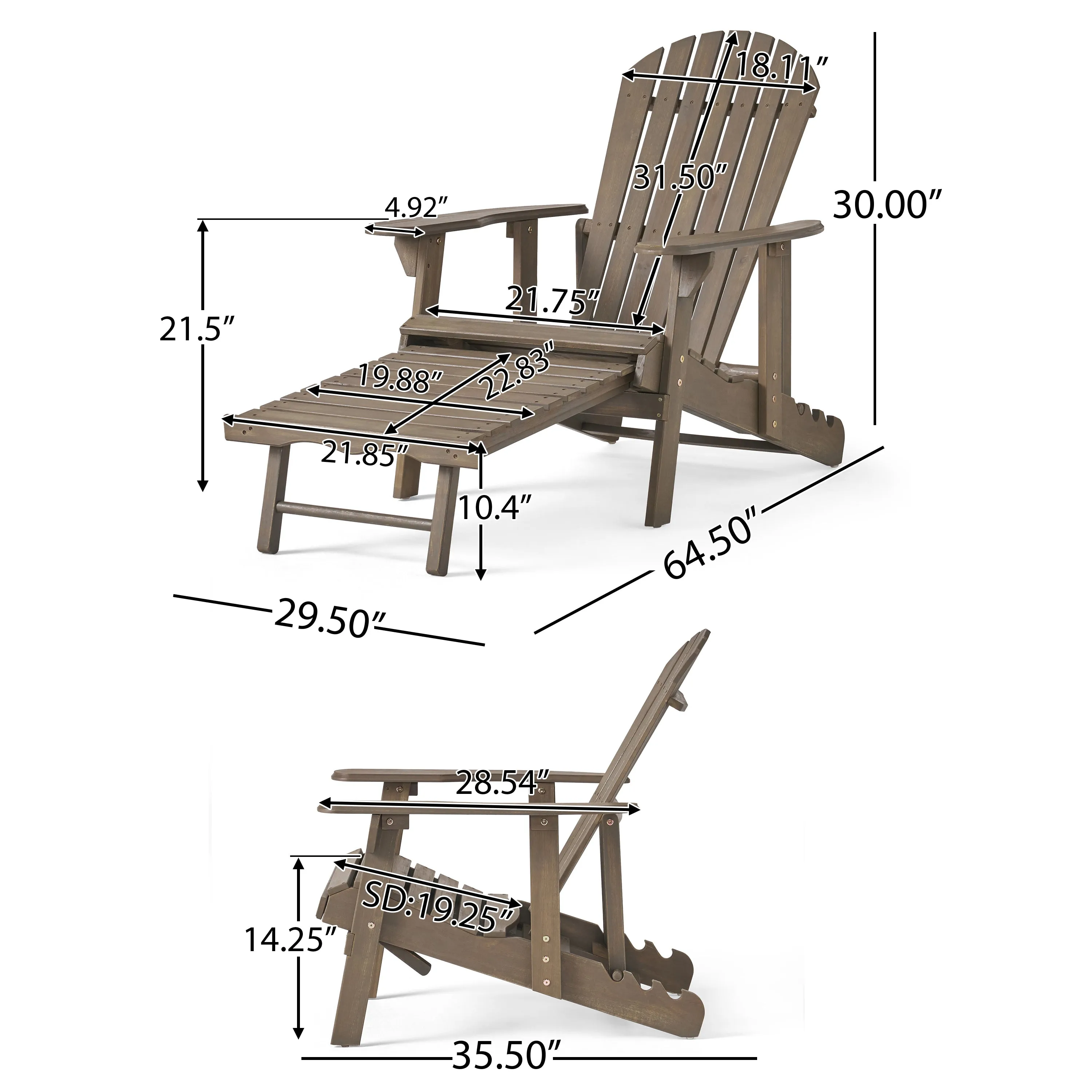 Kono Outdoor Acacia Wood Reclining Adirondack Chair with Footrest