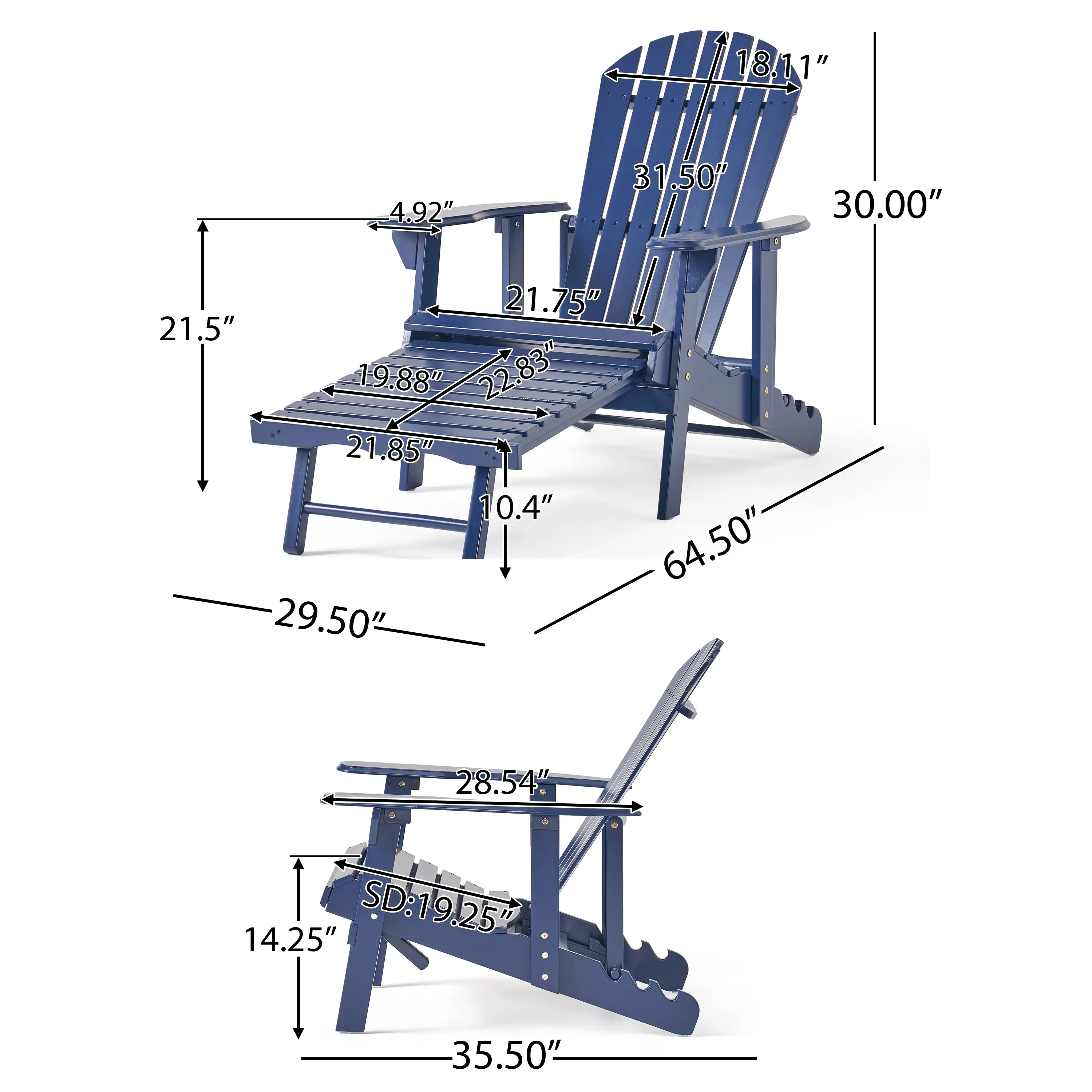 Kono Outdoor Acacia Wood Reclining Adirondack Chair with Footrest
