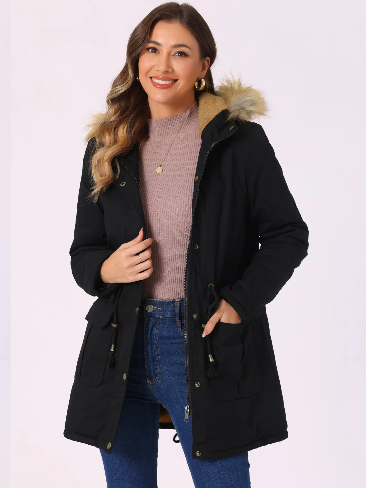 Long Sleeves Windproof Faux Fur Hooded Parka Jacket