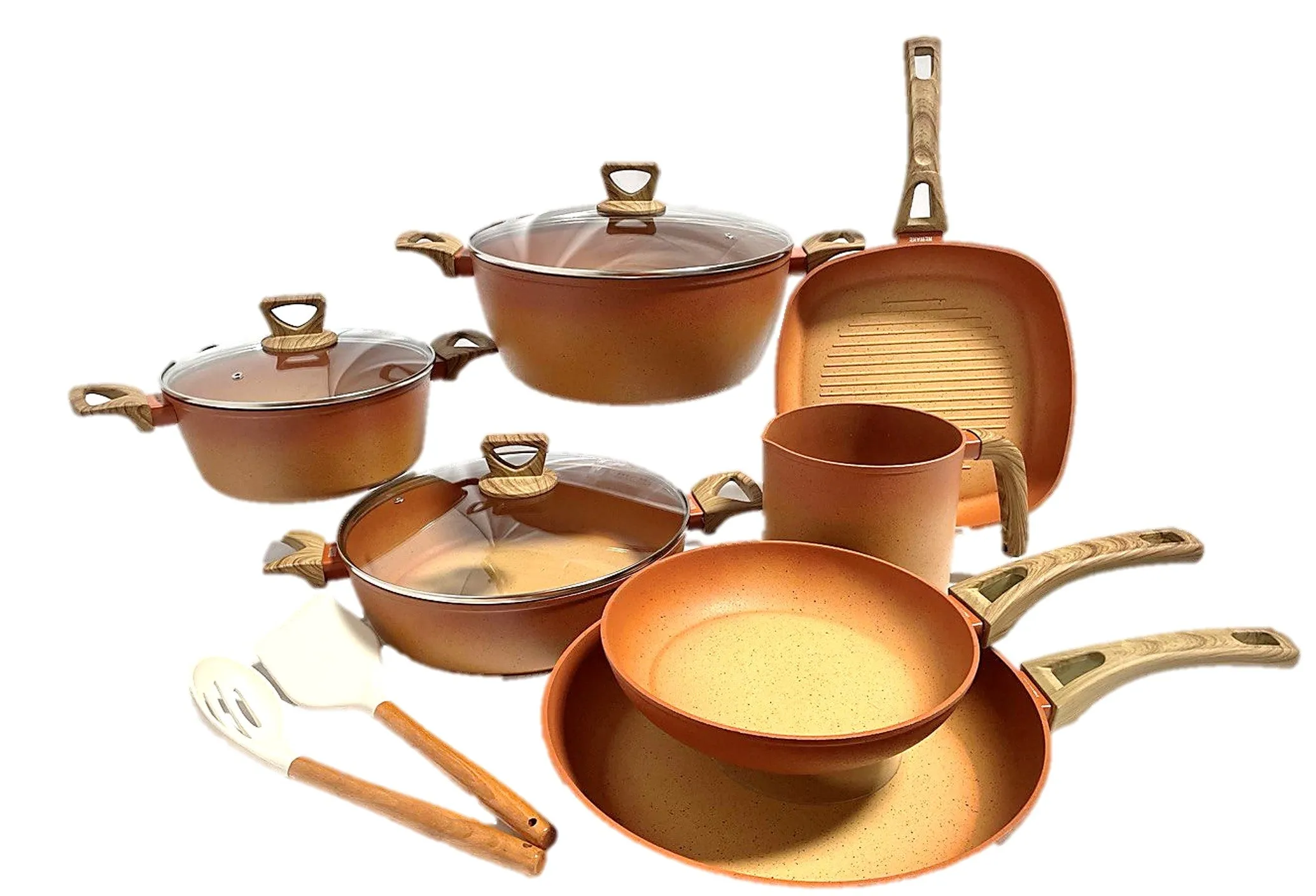 NEWARE Terracotta BIGGER size 12 Piece Cooking Set with Milk Cup/ Batería mas GRANDE de 12 piezas de Terracotta con POCILLO