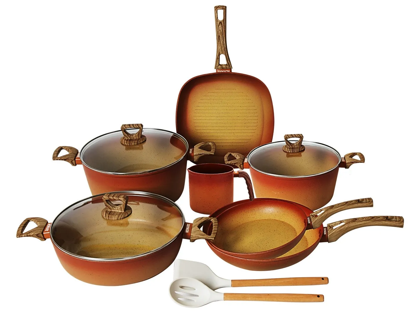 NEWARE Terracotta BIGGER size 12 Piece Cooking Set with Milk Cup/ Batería mas GRANDE de 12 piezas de Terracotta con POCILLO