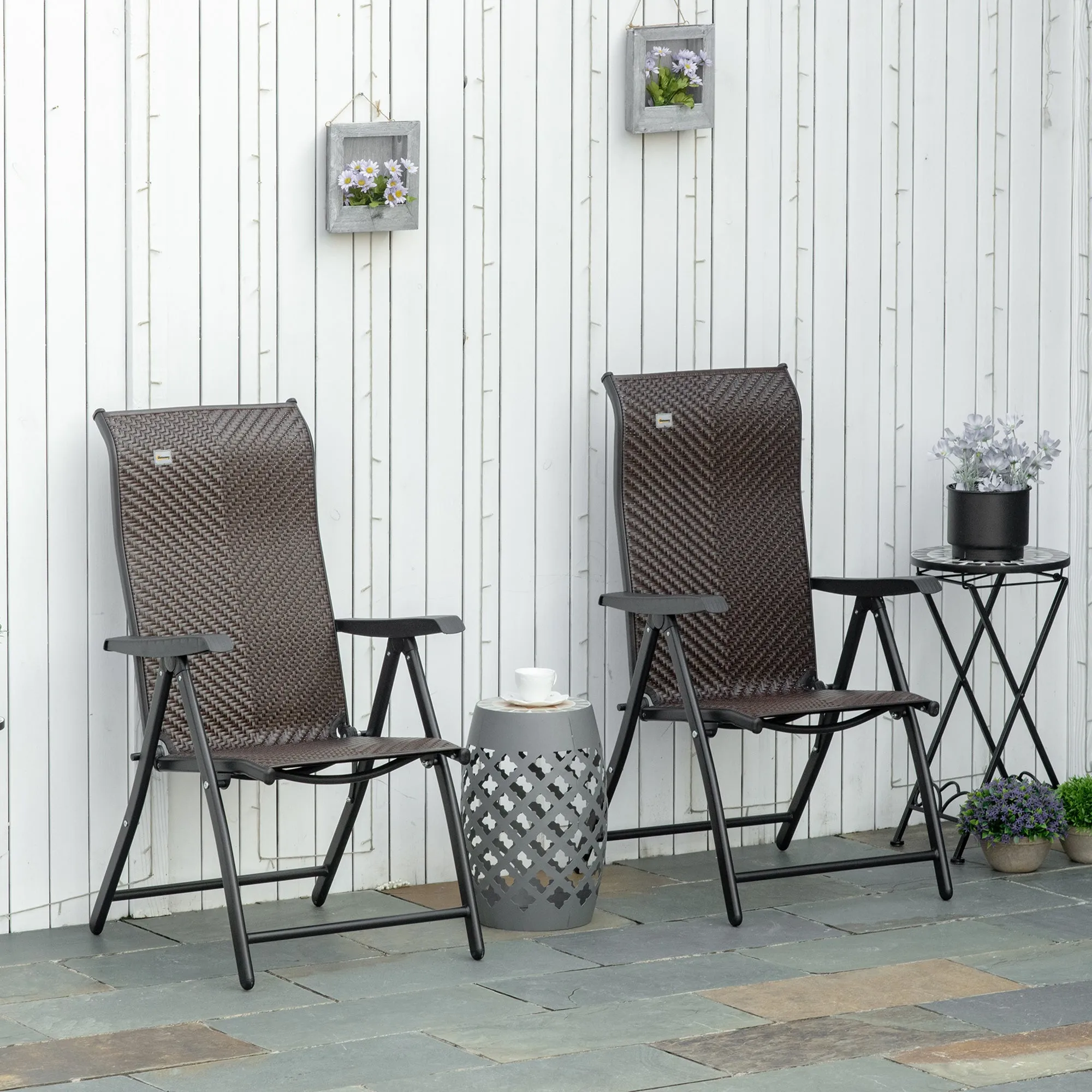 Outsunny Set of 2 Outdoor Rattan Folding Chair Set w/ Adjustable Backrest Brown