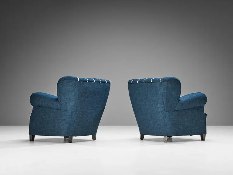 Pair of Art Deco Lounge Chairs in Blue Upholstery