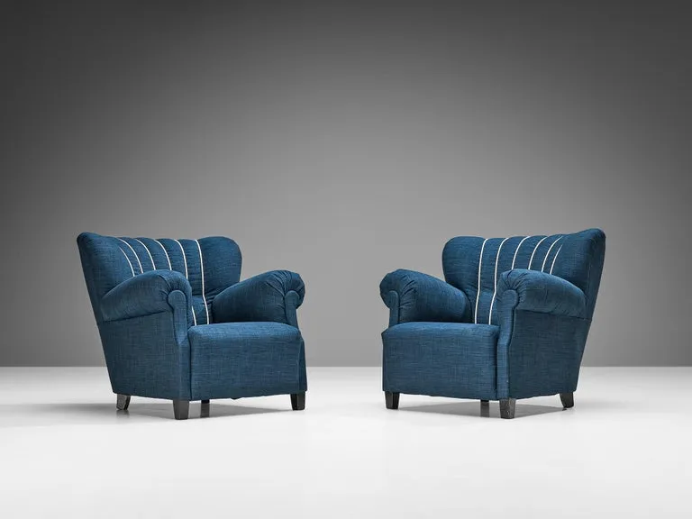 Pair of Art Deco Lounge Chairs in Blue Upholstery