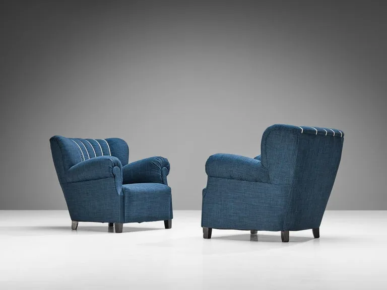 Pair of Art Deco Lounge Chairs in Blue Upholstery
