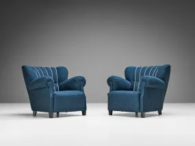 Pair of Art Deco Lounge Chairs in Blue Upholstery