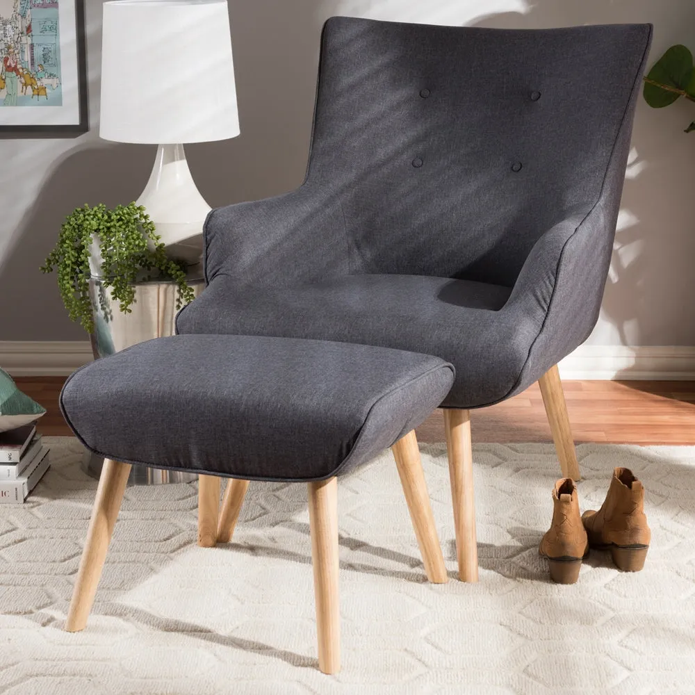 PREMIER STUDIO ALDEN MID-CENTURY MODERN FABRIC UPHOLSTERED DARK BROWN FINISHED WOOD LOUNGE CHAIR AND OTTOMAN SET