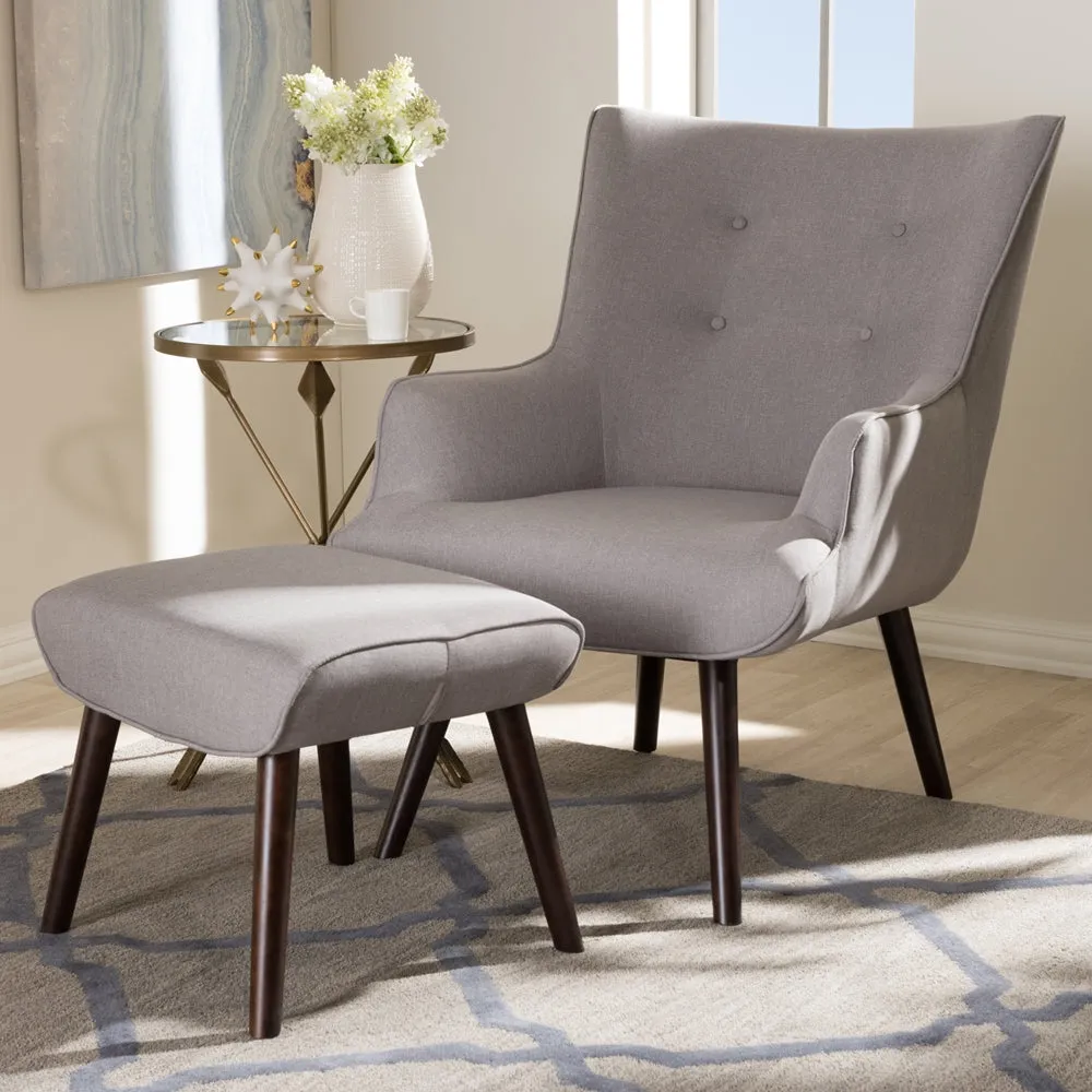 PREMIER STUDIO ALDEN MID-CENTURY MODERN FABRIC UPHOLSTERED DARK BROWN FINISHED WOOD LOUNGE CHAIR AND OTTOMAN SET