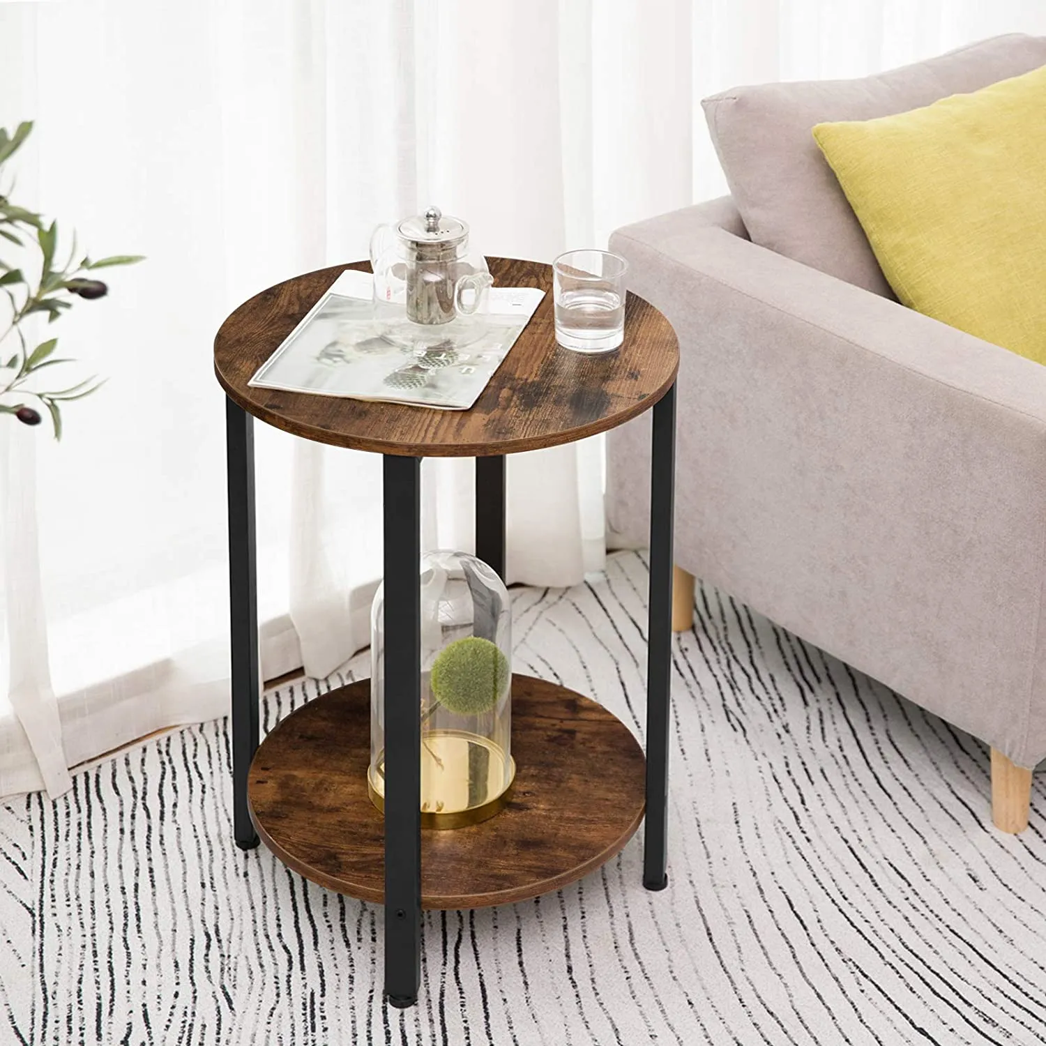 Round Side Table, Sofa Couch Table with Storage Shelf, 2-Layer Industrial End Table