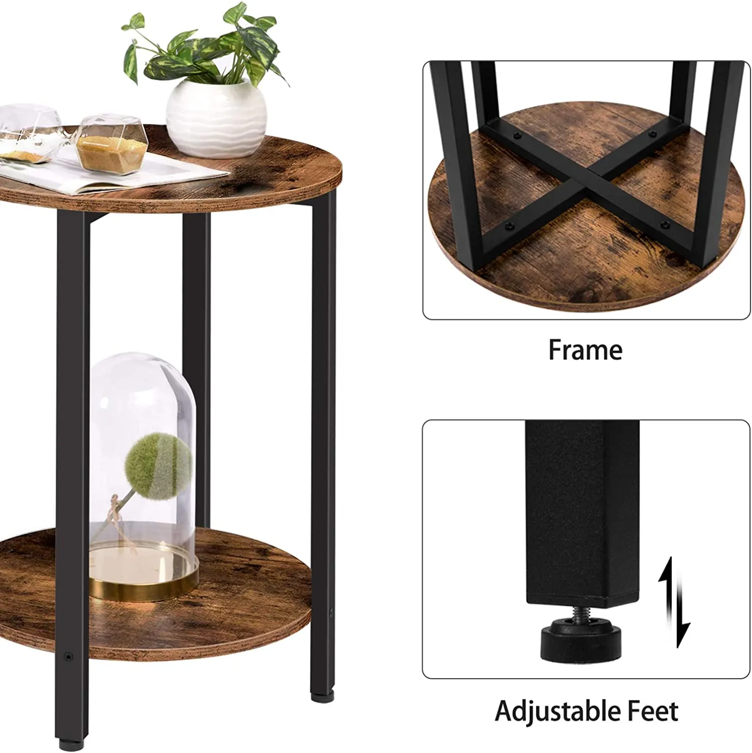 Round Side Table, Sofa Couch Table with Storage Shelf, 2-Layer Industrial End Table