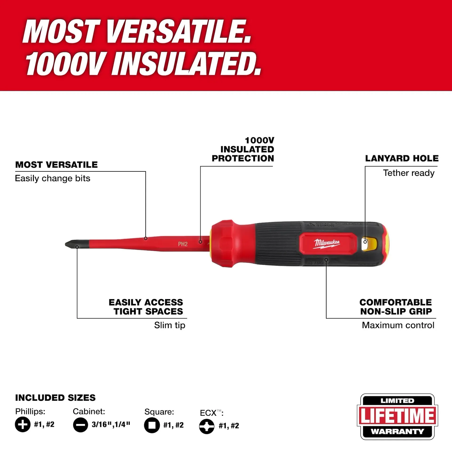 Screwdriver - Milwaukee 8-in-1 1000V Insulated Slim Tip Multi-Bit Screwdriver, 48-22-2218