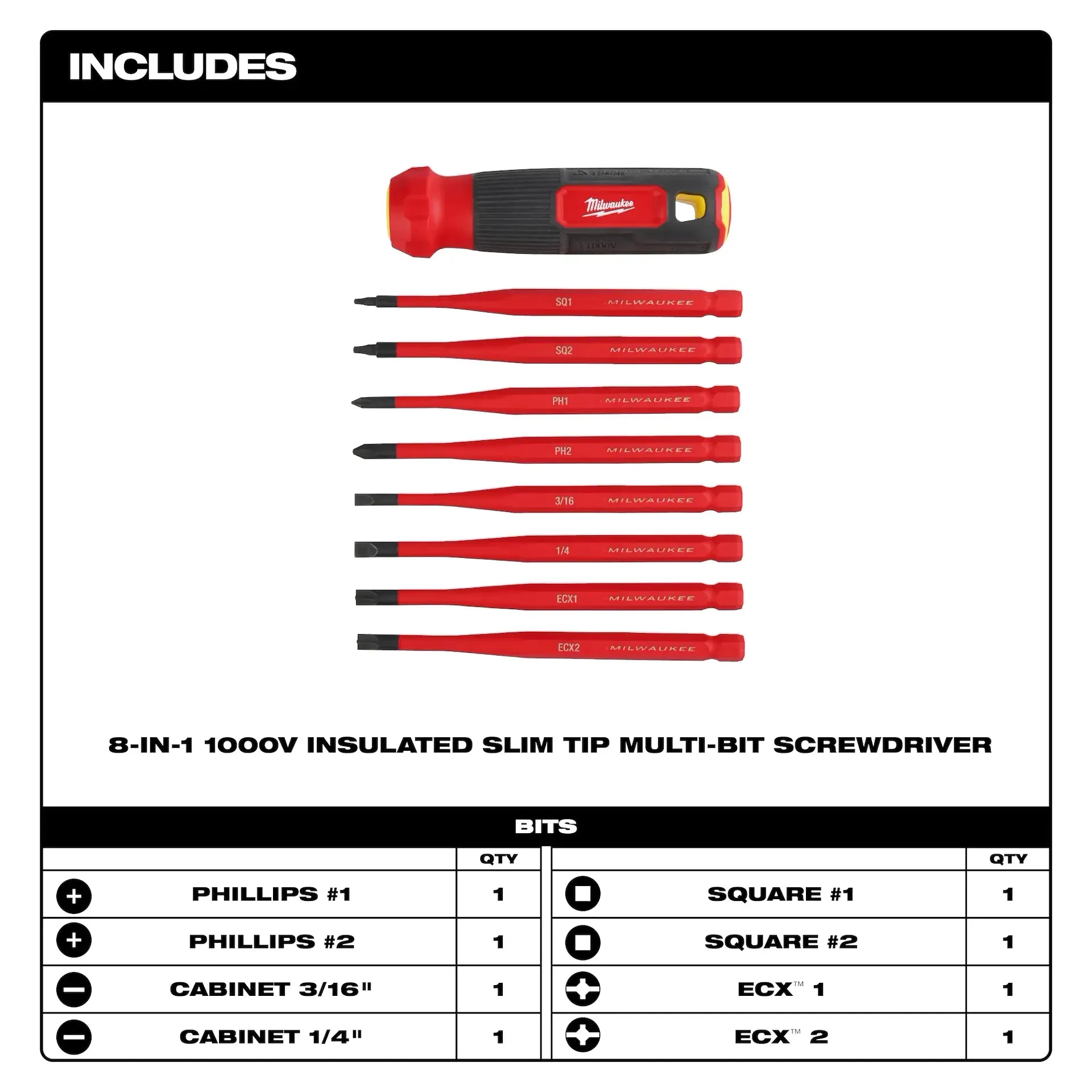 Screwdriver - Milwaukee 8-in-1 1000V Insulated Slim Tip Multi-Bit Screwdriver, 48-22-2218