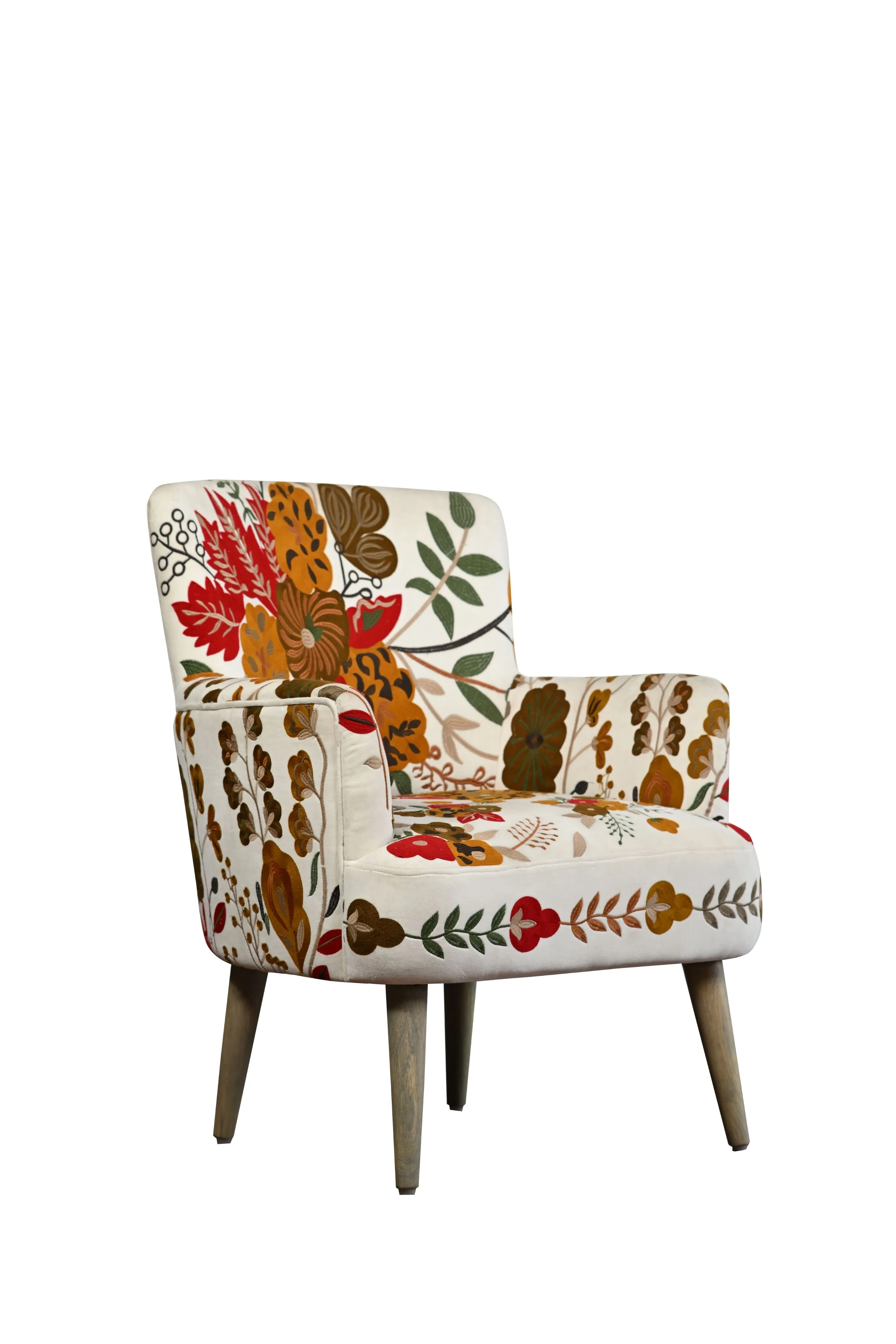White Leaf Upholstery Embroidery Relaxing  Chair With Vintage Leg