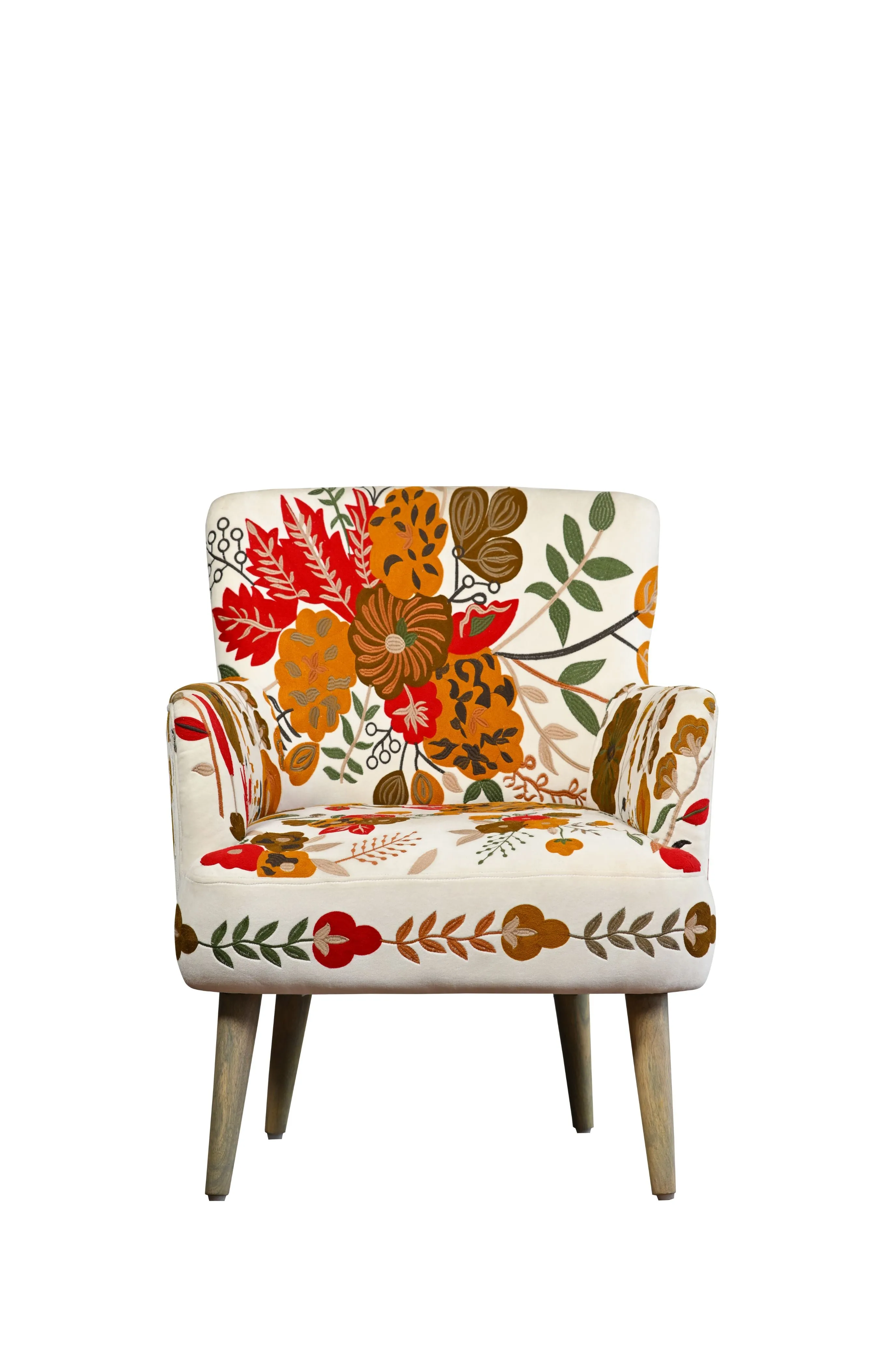 White Leaf Upholstery Embroidery Relaxing  Chair With Vintage Leg