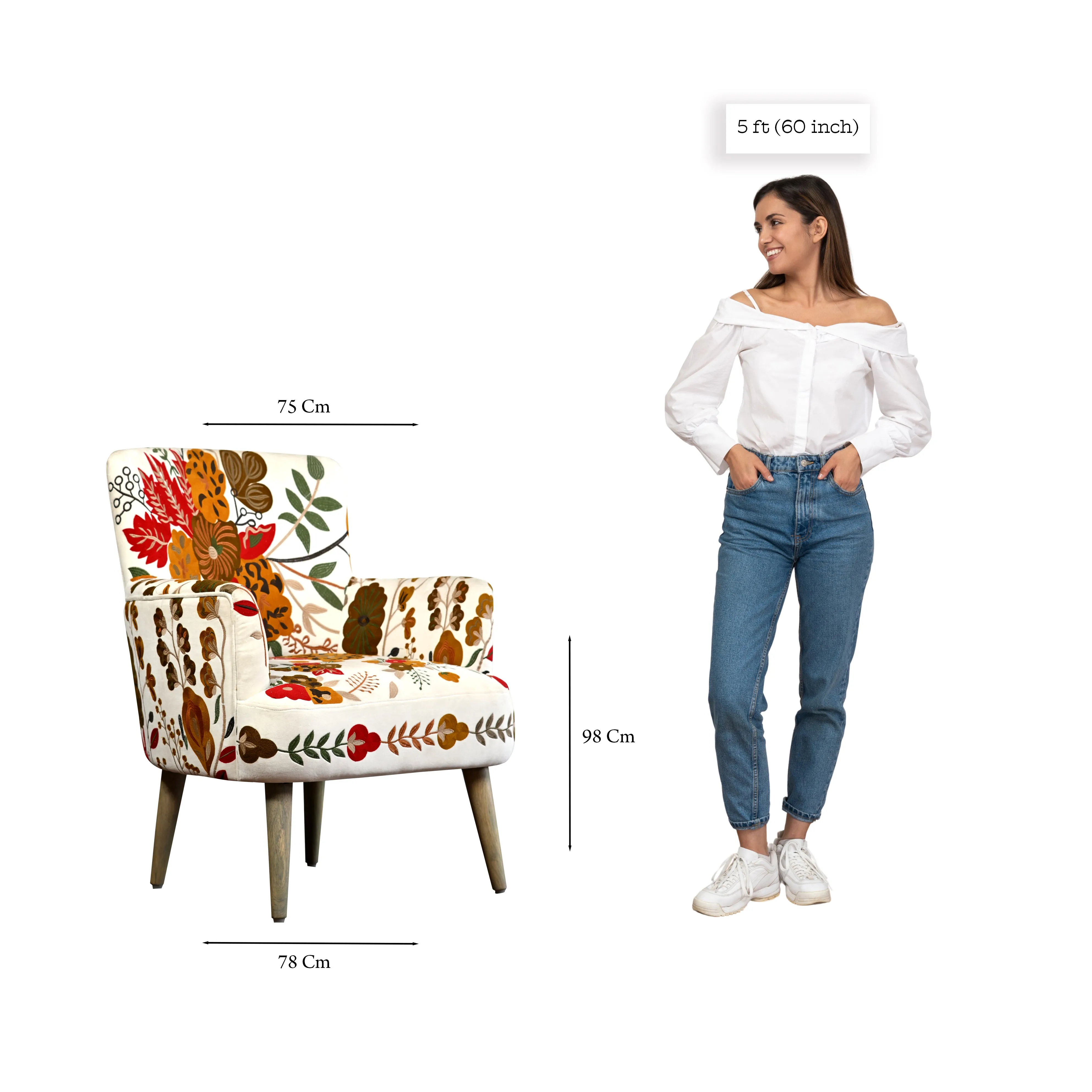 White Leaf Upholstery Embroidery Relaxing  Chair With Vintage Leg